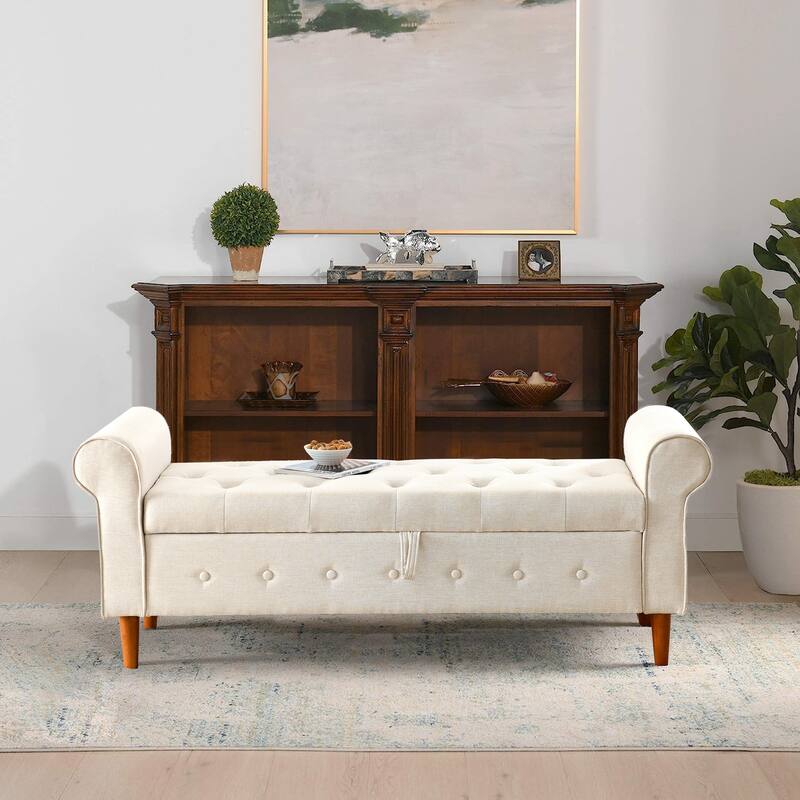 Modern Beige Tufted Button Storage Bench: Stylish and Functional Ottoman