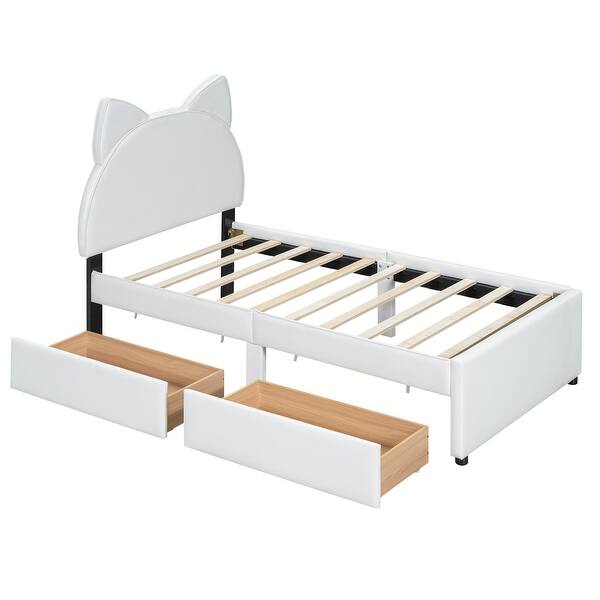 slide 2 of 11, Twin Upholstered Platform Bed with 2 Drawers, Cute Wood Bed Frame Cartoon Ears Shaped Headboard, No Box Spring Required White White - Twin