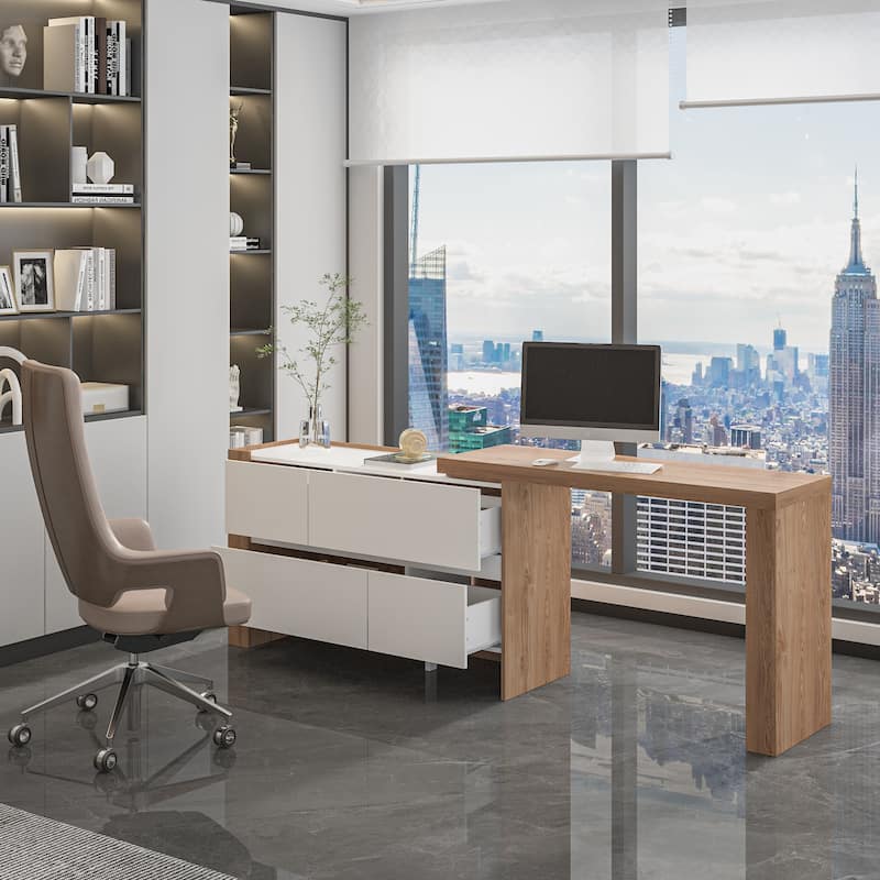 Versatile L-Shaped Desk and Vanity - White & Light Walnut Bedroom Desk