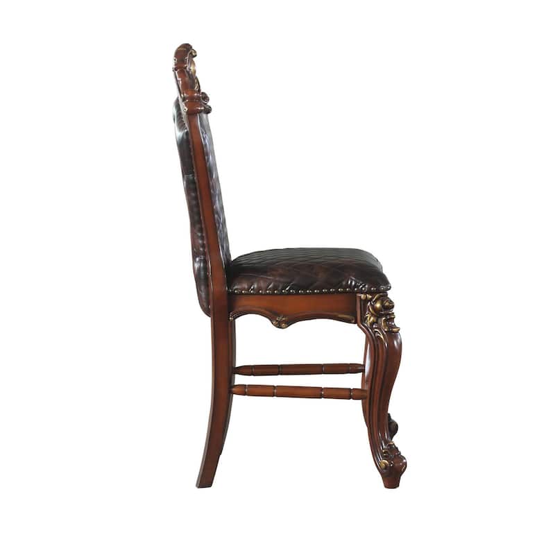 Leatherette Padded Counter Height Chair with Carvings, Set of 2, Brown