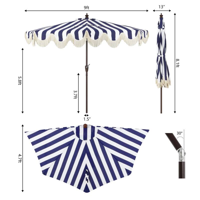 9ft Half Market Umbrella, Scalloped, Crank, Tilt, UV, by JONATHAN Y