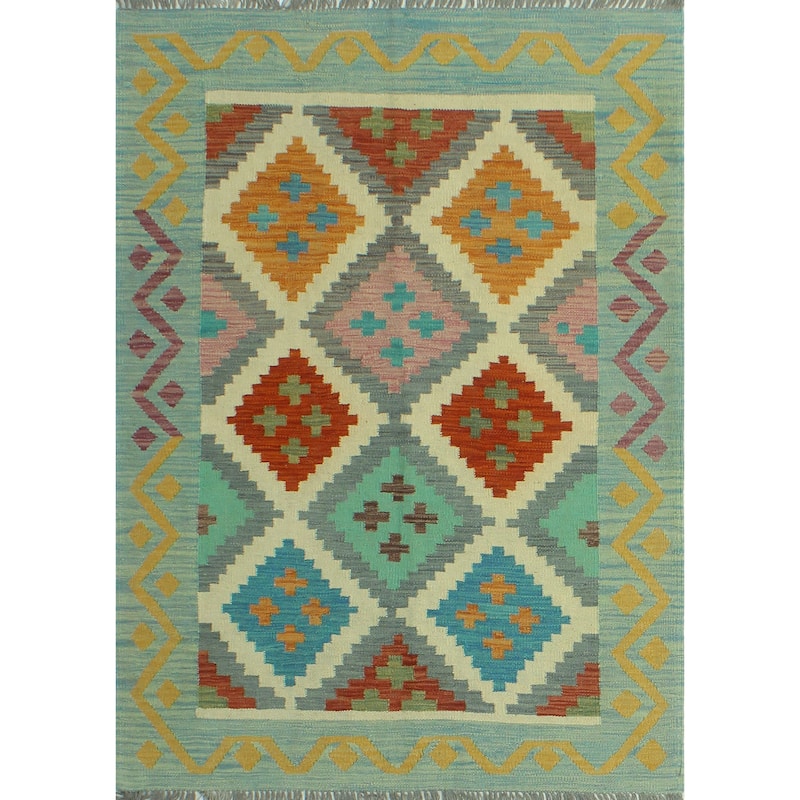 Sangat Flatweave Juliann Grey-Blue/Ivory Rug - 4'2" x 5'7"