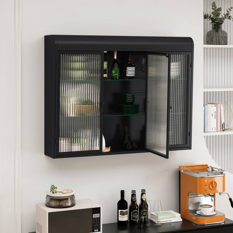3 Door Arched Wall Mounted Glass Cabinet - Black