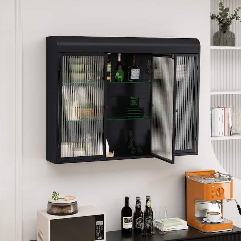 Elegant 3-Door Arched Wall Mounted Glass Cabinet for Stylish Storage in Kitchen, Living Room, and Bathroom (Black)