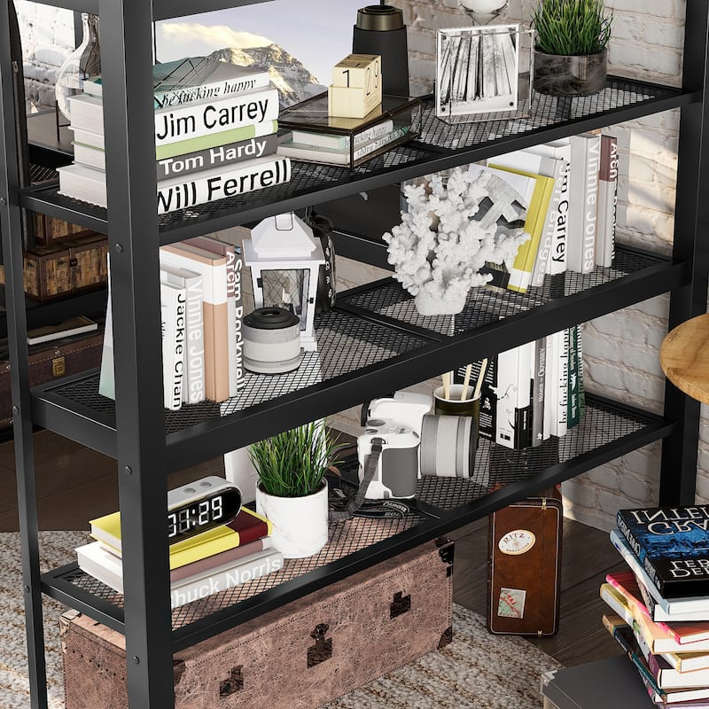 Queen Size Loft Bed with Storage Shelves, Metal Loft Bed with Clothes Hanging Rod and Desk, No Box Spring Needed Design, Black