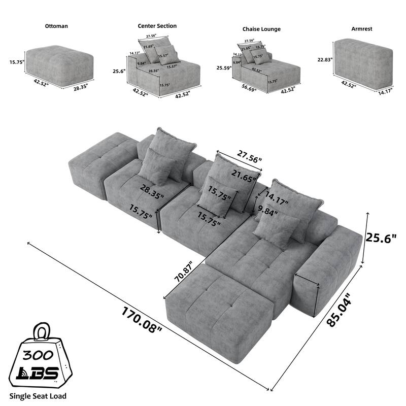 Modern Oversized Modular Sectional Sofa, Sparkling Chenille, 6 PCS DIY, No Assembly, Blue