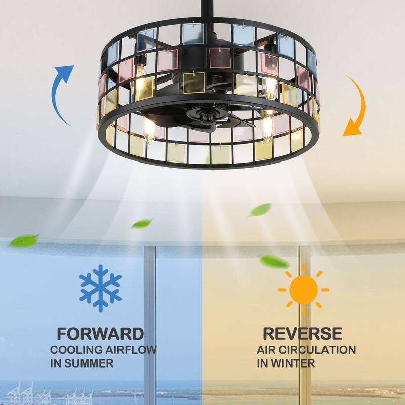 Oaks Aura Coronel 18in. DIY Tiffany Stained Glass Modern Ceiling Fan with Lights, Industrial 3-Speed Caged Ceiling Fan w/Remote
