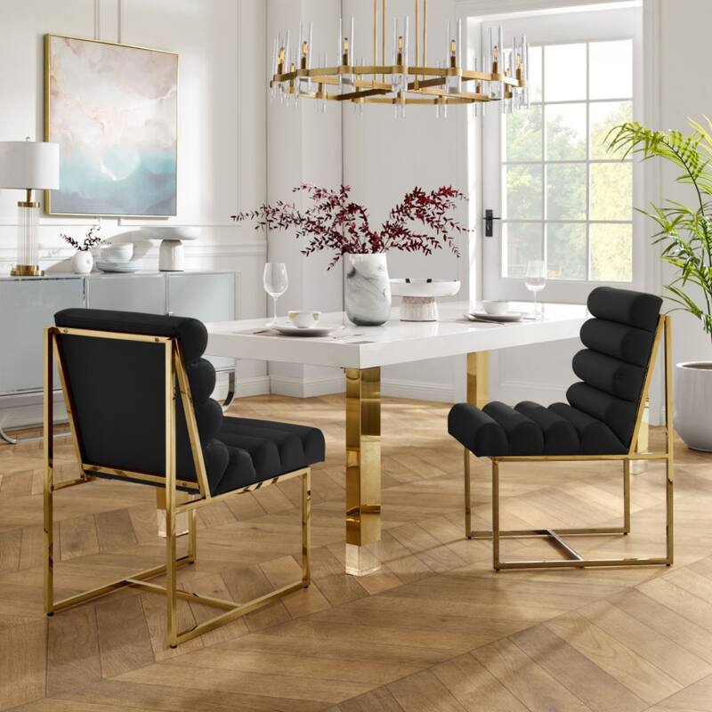 Set of 2 Modern Faux Leather Armless Dining Chairs with Gold Steel Legs and Tufted Back for Living Room - 37”H x 27.8”W x 19.8”D