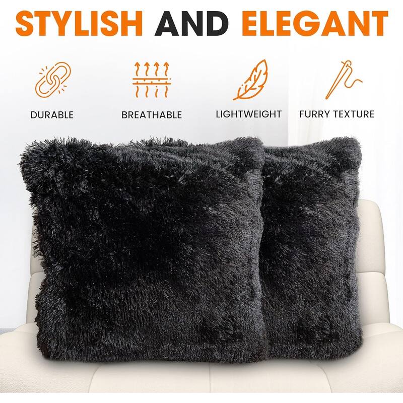 Cheer Collection Super Soft Shaggy Long Hair Throw Pillows Set of 2 Plush Accent Cushions