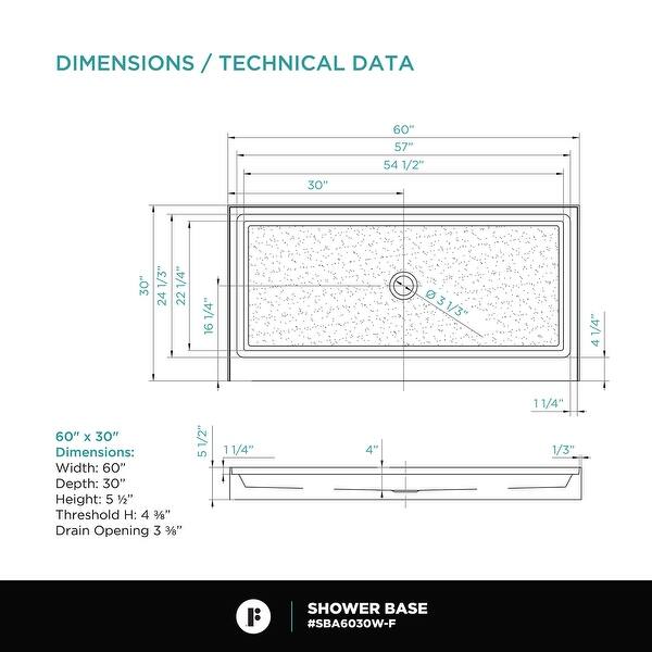 dimension image slide 4 of 9, Fine Fixtures Single Threshold Acrylic Shower Base - Non-Slip Textured Surface Shower Floor Pan