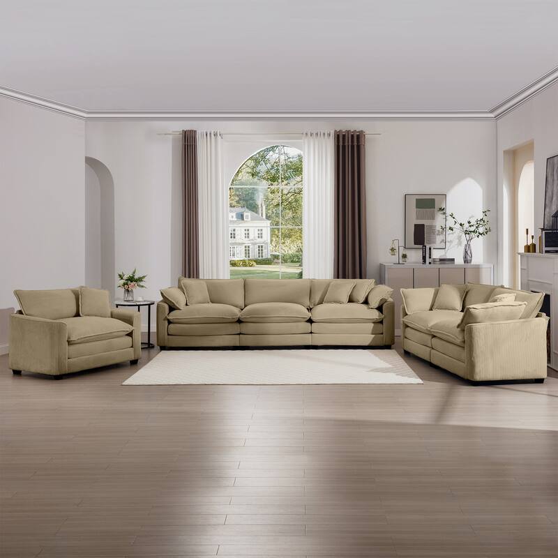 Modern 3 Piece Set Modular Sofa Set with Corduroy Upholstery and Memory Foam Cushions for Living Room or Guest Room - Tan