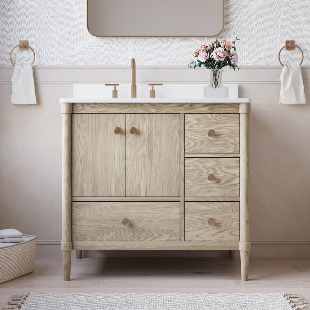 34''H Solid Wood Bathroom Vanity With Carrera White Quartz Top and Sink
