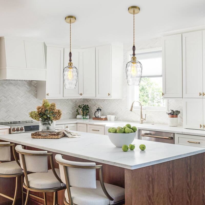 Modern 1-Light Brass Pendant Hammered Glass Shade Kitchen Lighting - Dia.6-in