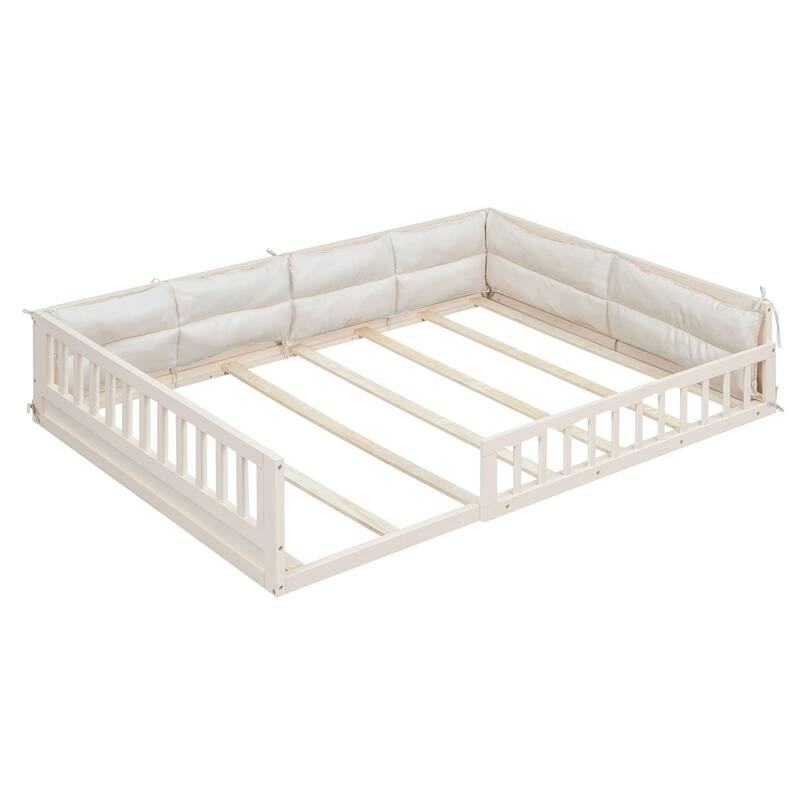 Wooden Upholstered Platform Bed with Guardrails and Pillows