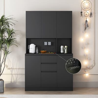 74" Freestanding Wood Kitchen Pantry Cabinet with Charging Station/3 Shelves/2 Drawers/6 Doors