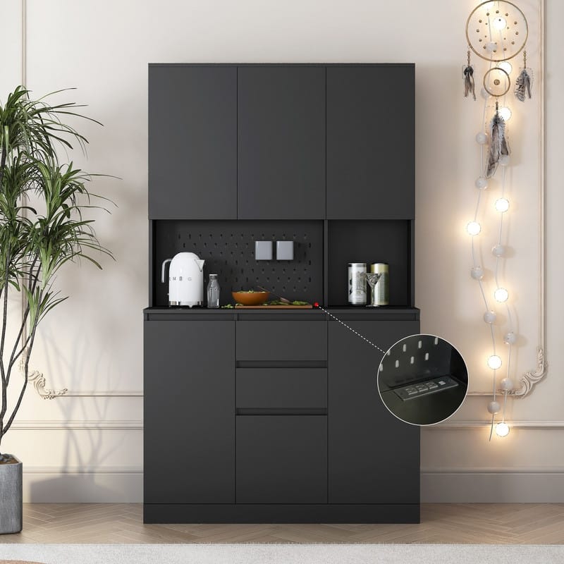 74" Freestanding Wood Kitchen Pantry Cabinet with Charging Station/3 Shelves/2 Drawers/6 Doors