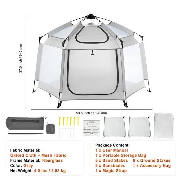 Grey Oxford Cloth Baby Playpen with Canopy, UV Shade and Mesh Sides - 59.8” L x 59.8” W x 37.0” H