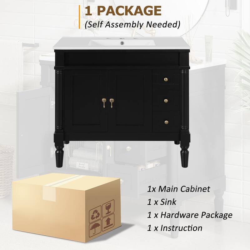 GDFStudio - Hellie 36" Modern Bathroom Vanity with Ceramic Sink - Soft-Close Doors, Drawers & Adjustable Storage