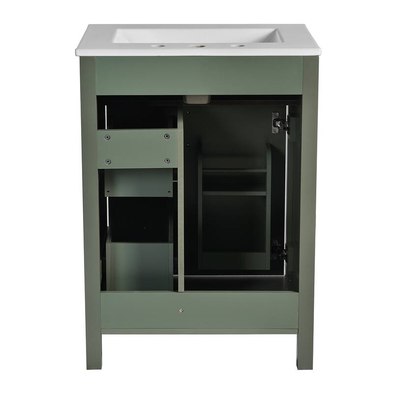 Roomfitters 24-Inch Bathroom Vanity with Ceramic Sink, 1 Soft Close Door, 2 Soft Close Drawers, and Double Storage Racks