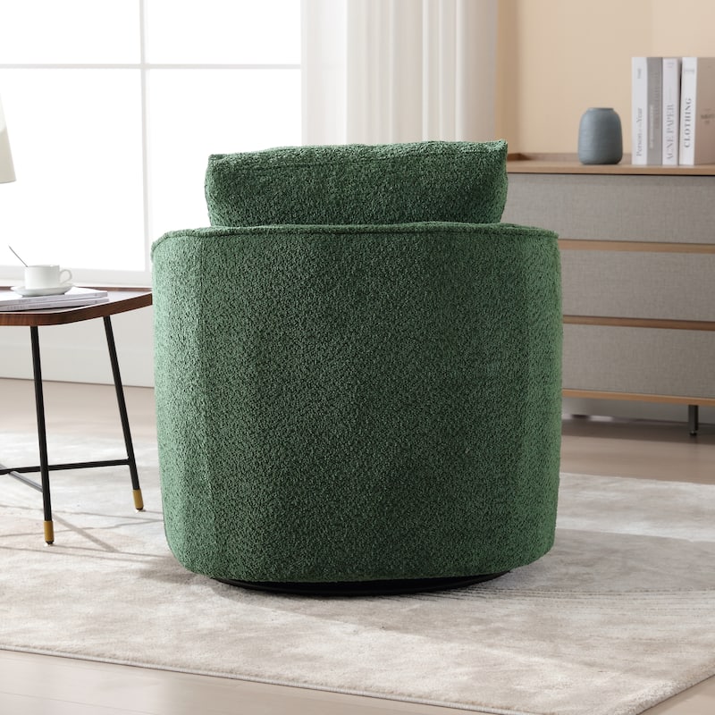 Boucle Fabric Upholstered Swivel Barrel Armchair With Pillow