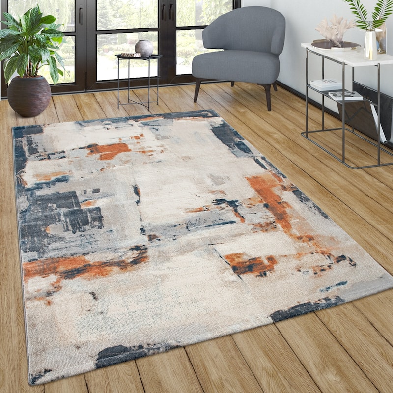 Modern Area Rug for Living-Room Abstract Design in cream orange blue - 2'8" x 4'11"
