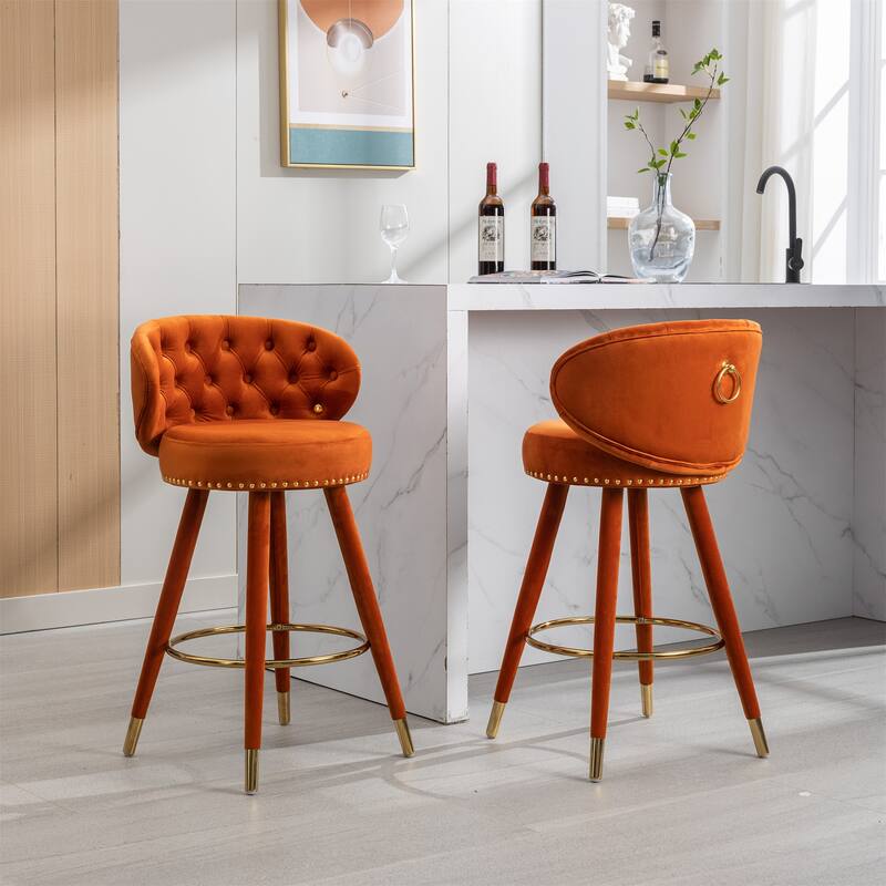 Set of 2 Counter Height Velvet Bar Stools with Solid Wood Legs