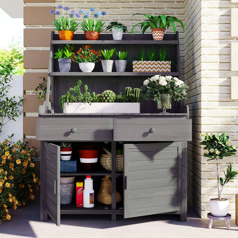 Outdoor Potting Bench Table, Gardening Workstation with Open Storage Shelves, Fir Wood Workstation with 2 Drawers and Cabinet - Grey