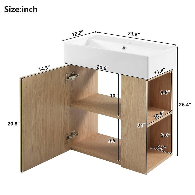 21.6" Floating Bathroom Vanity with Ceramic Basin, Right side storage