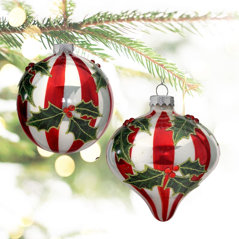 4" Glass Stripe/Holly Ball/Onion Ornament Set of 6
