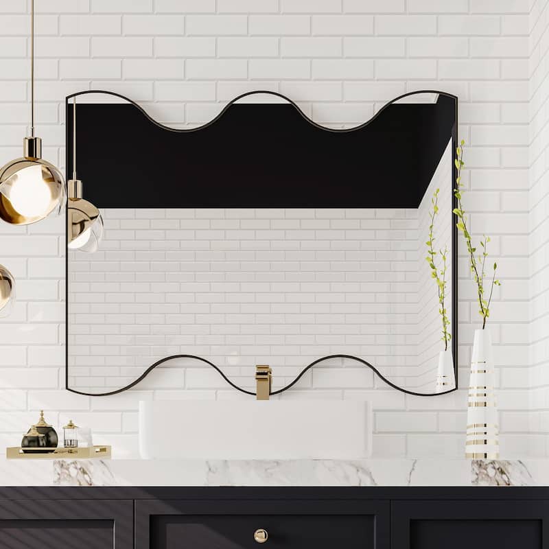 30x35 Inch Wall Mirror with Wavy Sides: Metal Framed Vanity and Dressing Mirror