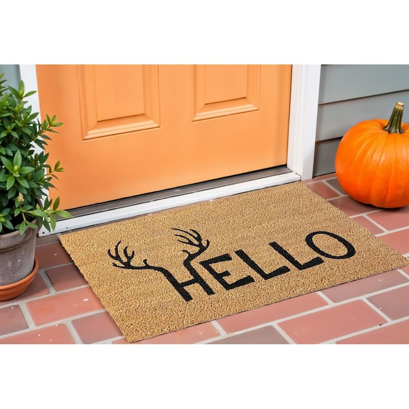 HomeRoots 17" X 29" Natural And Black Hello With Antlers Coir Outdoor Door Mat - 17' X '29 - 17' X '29