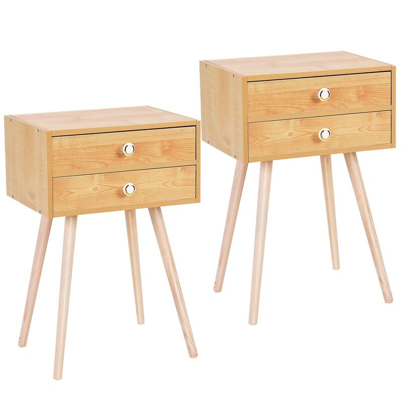 Costway Mid Century Modern 2 Drawers Nightstand In Natural Sofa Side