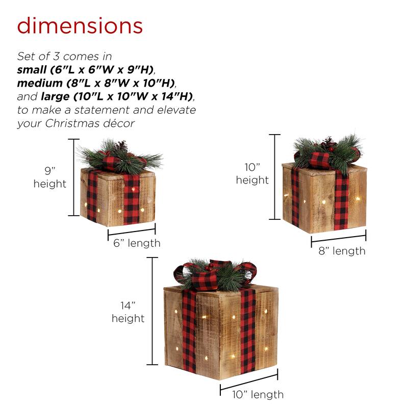 Alpine Corporation 3-Piece Decorative Wooden Christmas Gift Box Set with LED Lights
