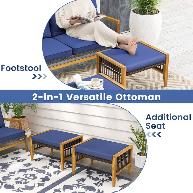 Outdoor Rattan Ottomans Set of 2 with Navy Cushions Acacia Wood Frame Footrest or Seat - 25.5" x 19.5" x 16"