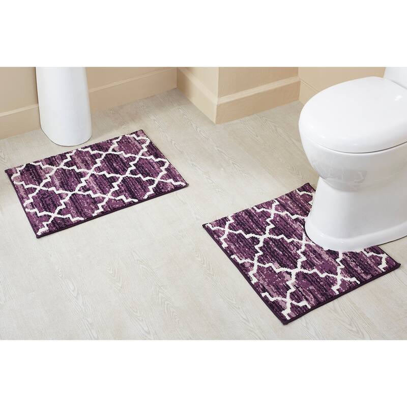 Better Trends Savio Collection 100% Micro Polyester Rectangle Soft Plush & Absorbent Water Machine Washable 2 Piece Bath Rug Set - 2 Piece Set (17" x 24" | 20" x 20") - Purple