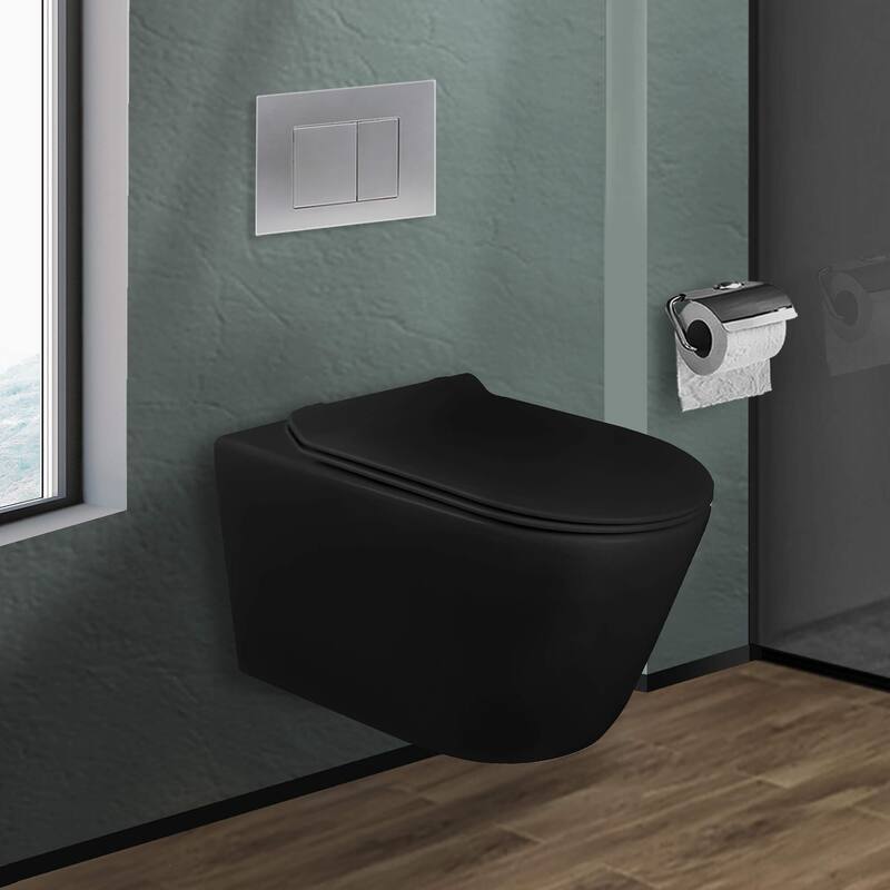In-Wall toilet Combo Set - Toilet, Tank (2 x 4 Wall), Carrier System - Chrome Square - Push Plates (Plastic) - Black Bowl