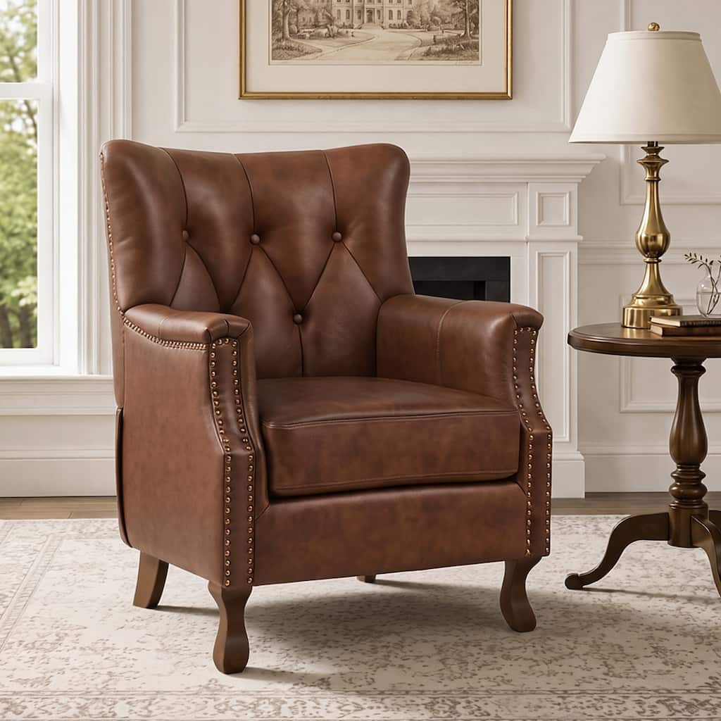 Traditional Leather Wingback Chair, Diamond Tufted Accent Armchair with Nailhead Trim for Living Room - 32"W x 29.5"D x 39.3"H