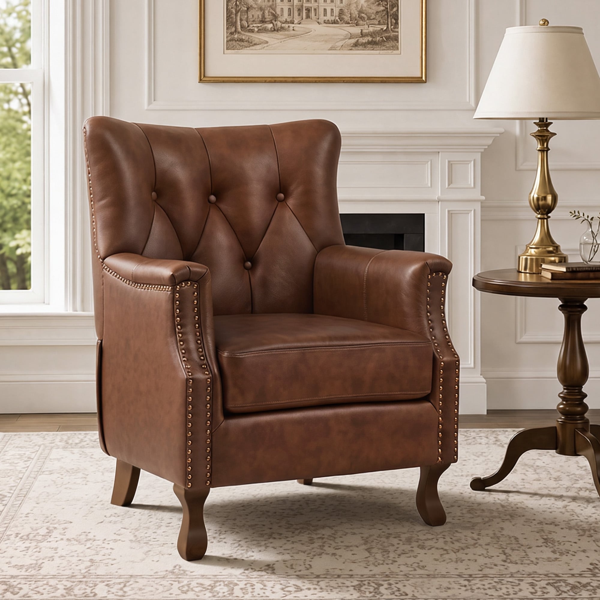 Traditional Leather Wingback Chair, Diamond Tufted Accent Armchair with Nailhead Trim for Living Room - 32"W x 29.5"D x 39.3"H