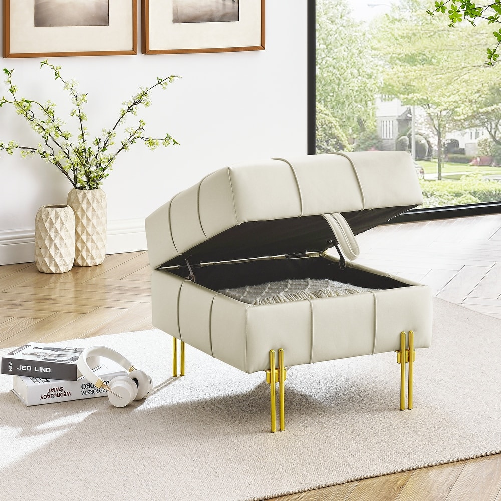 Square Leather Storage Ottoman, Tufted Upholstered Footstool with Flip Top, Entryway Bench with Stainless Steel Legs