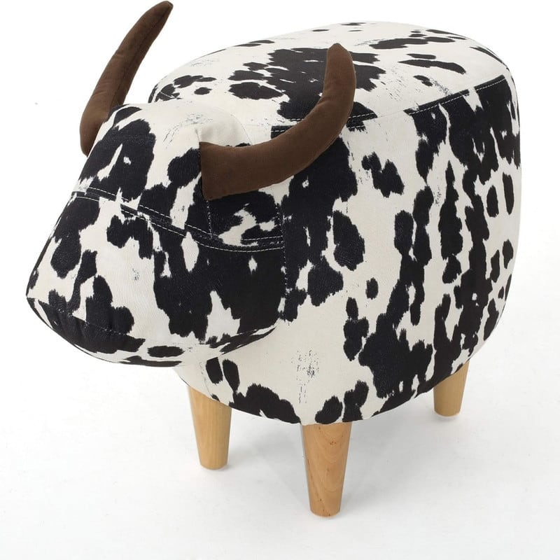 Velvet Cow Ottoman Black And White Cow Hide - Black