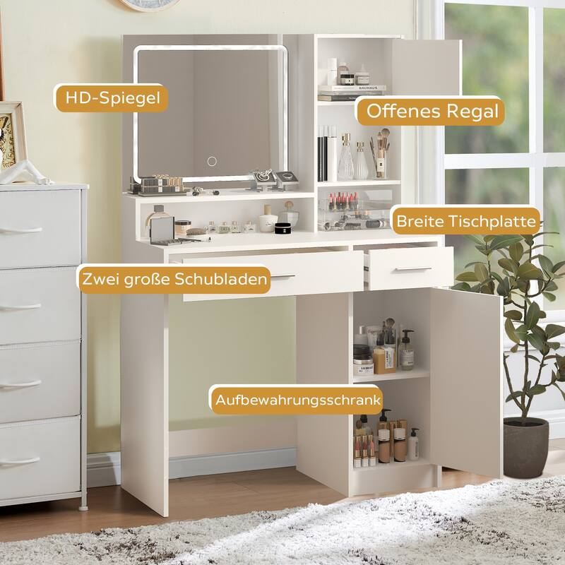 Roomfitters Vanity Desk with LED Lighted Mirror, Makeup Table with Drawers & Cabinet, Vanity Table with Storage