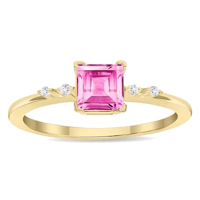 Women's Square Shaped Pink Topaz and Diamond Sparkle Ring in 10K Yellow Gold