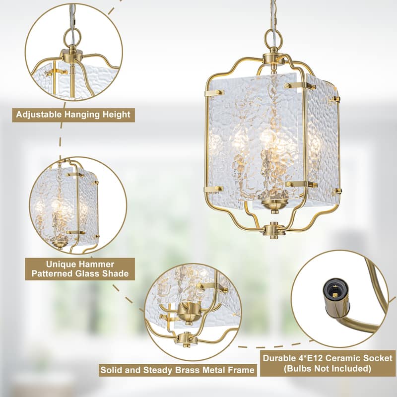 Modern 4-Light Metal Frame Pendant Light with Hammered Glass Panels - Dia.10-in