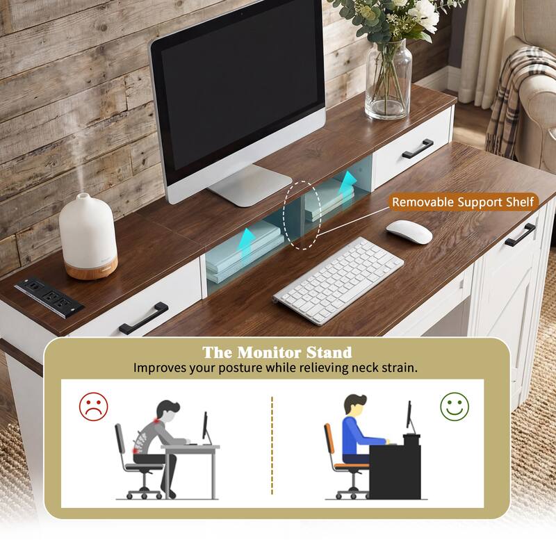 55" Farmhouse Office Desk Workstation with Storage Cabinet, Computer Writing Desk Table with Charging Station, Keyboard Tray