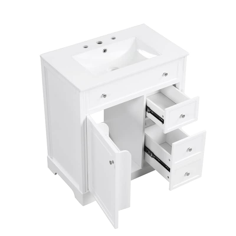 Modern 30-Inch Bathroom Vanity Cabinet with Ceramic Sink, 2 Drawers, and Door Shelf, White