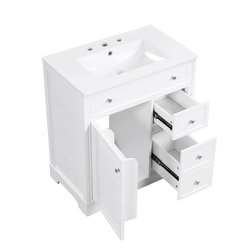 Roomfitters 30" Bathroom Vanity with Sink, Solid Poplar Wood Frame, 2 Drawers & Door with Storage Shelf, White