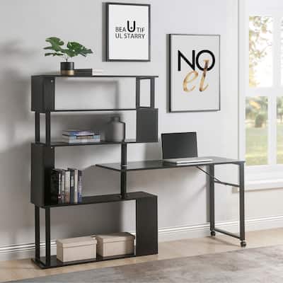 Home Office Computer Desk L-Shaped Corner Table, Rotating Computer Table with 5-Tier Bookshelf, Four Installation Methods