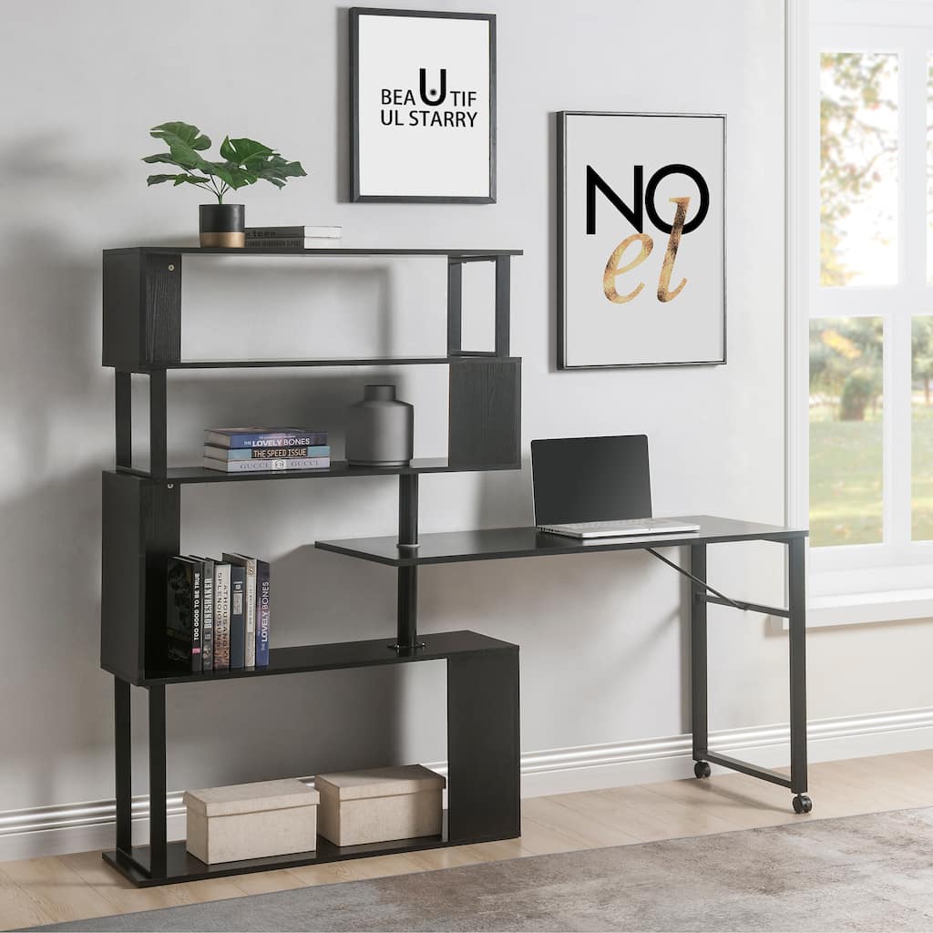 Home Office Computer Desk L-Shaped Corner Table,Rotating Computer Table with 5-Tier Bookshelf,Four Installation Methods
