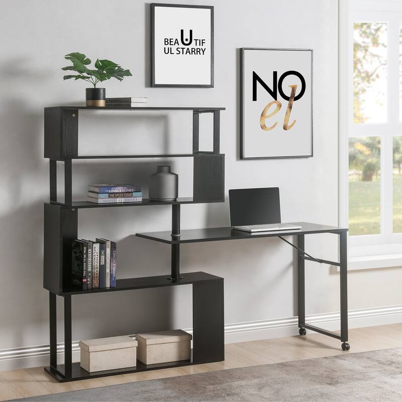 Modern Desk with 5 Adjustable Built-In Shelves and Rotating Layout for Compact Workspaces and Home Offices or Bedrooms - Black
