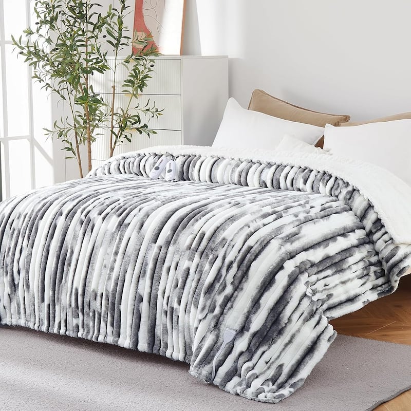 Cozy Faux Rabbit Fur Electric Blanket Heated Throw, Grey+White - 84"x90"